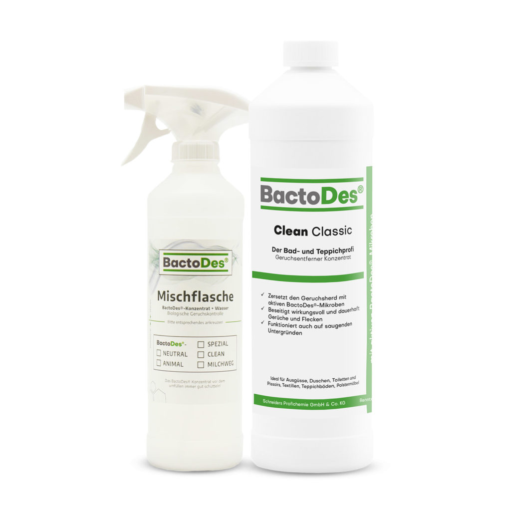 BactoDes Clean Geruchsentferner und Reiniger für die Entfernung von Gerüchen wie z.B. Katzenurin - Flasche mit Mischflasche