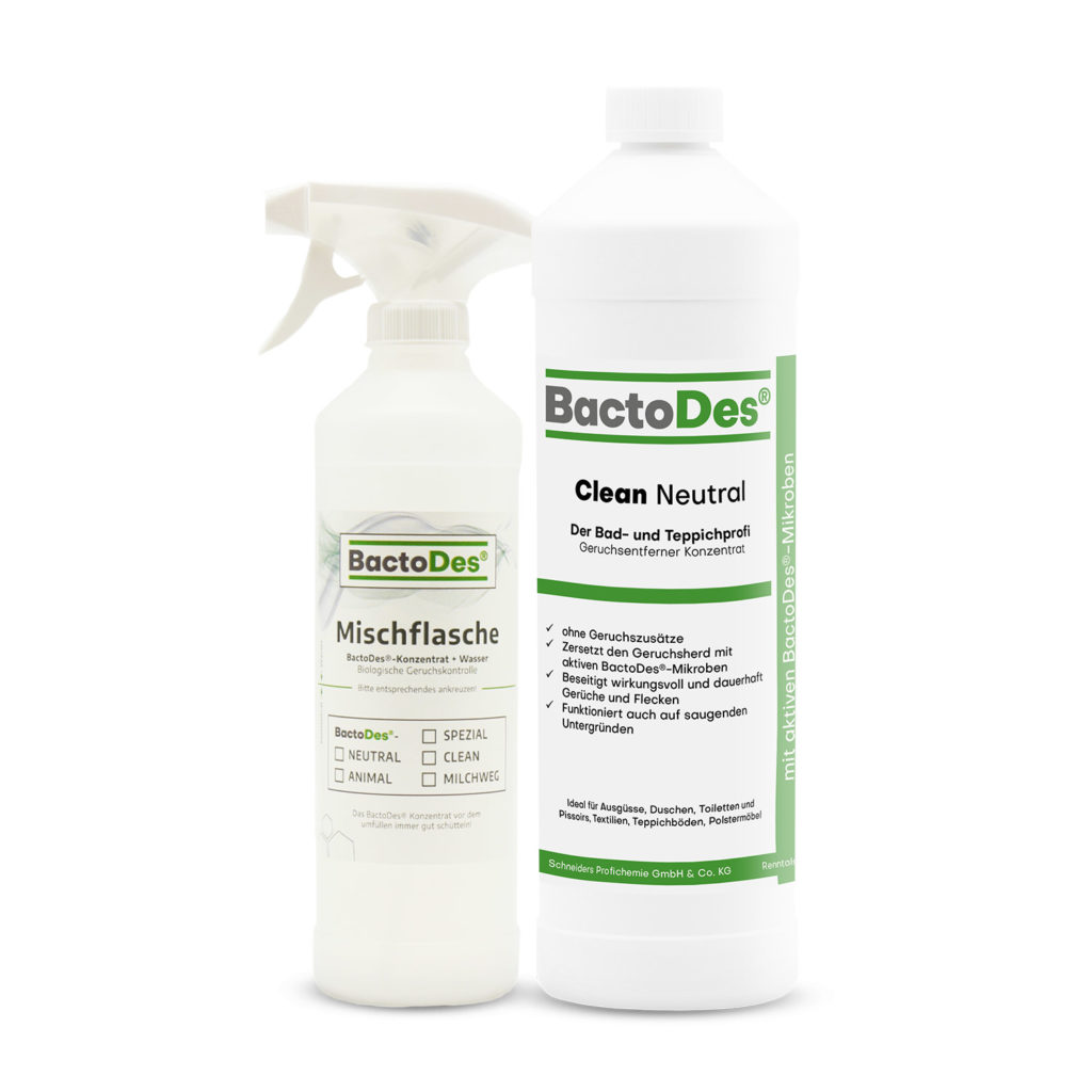BactoDes Neutral geruchsneutraler Geruchsentferner und Reiniger für Gerüche wie z.B. Katzenurin - Flasche mit Mischflasche