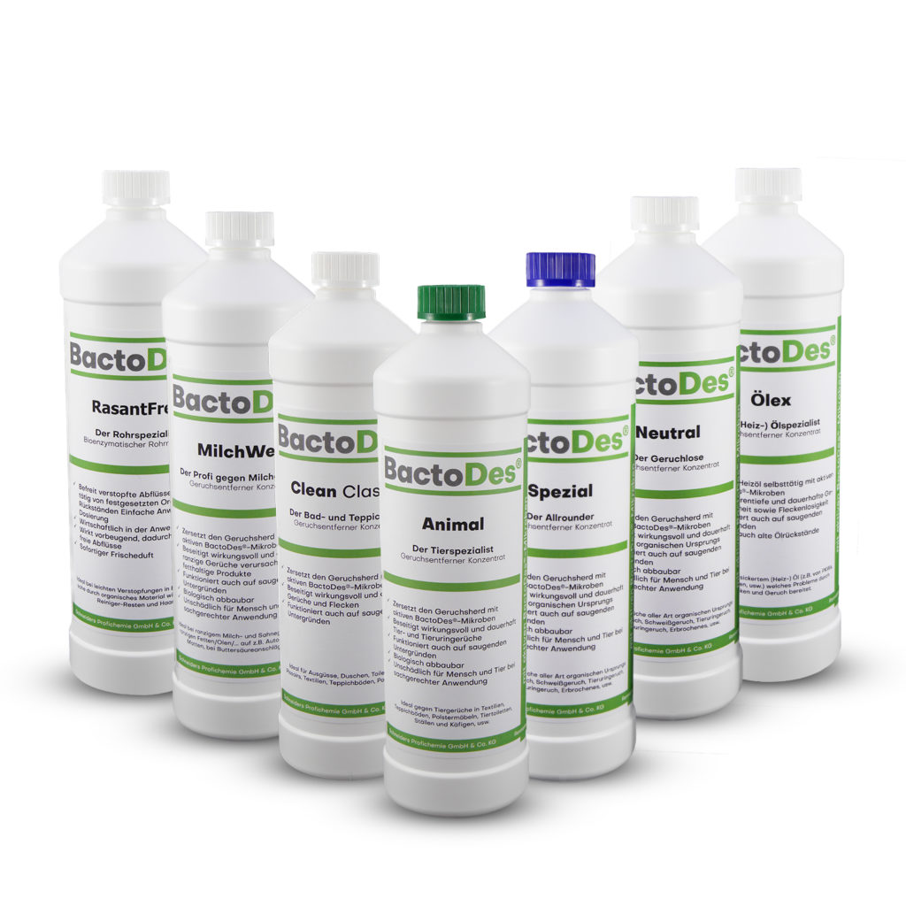 Produktpalette von BactoDes Geruchsentferner und Reiniger auf mikrobiologischen Wirkprinzip