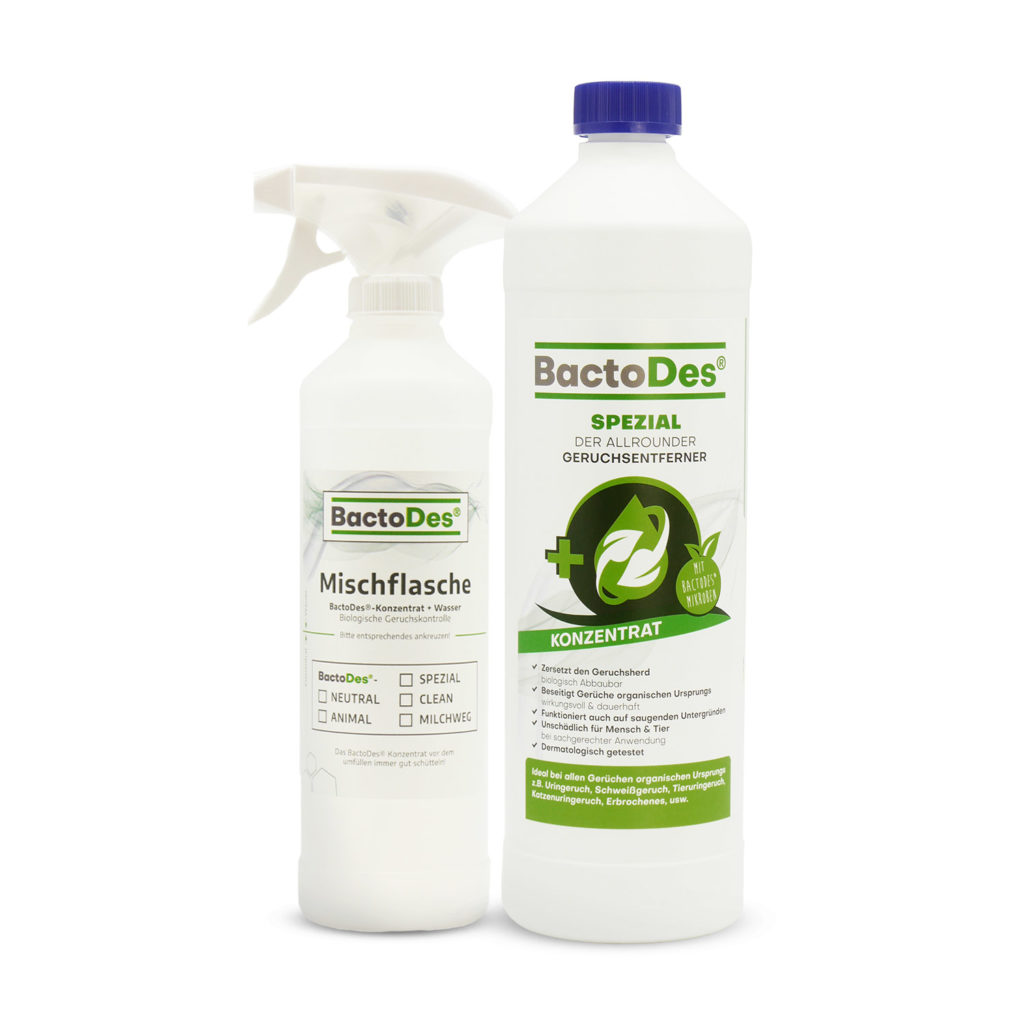 BactoDes Spezial Geruchsentferner für  Gerüche jeder Art - Flasche mit Mischflasche