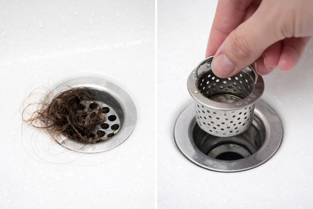 Links ein Bild einer starken Verstopfung durch Haare und rechts eine leichte Verstopfung der Abflusssieb wird zum Reinigen ausgebaut