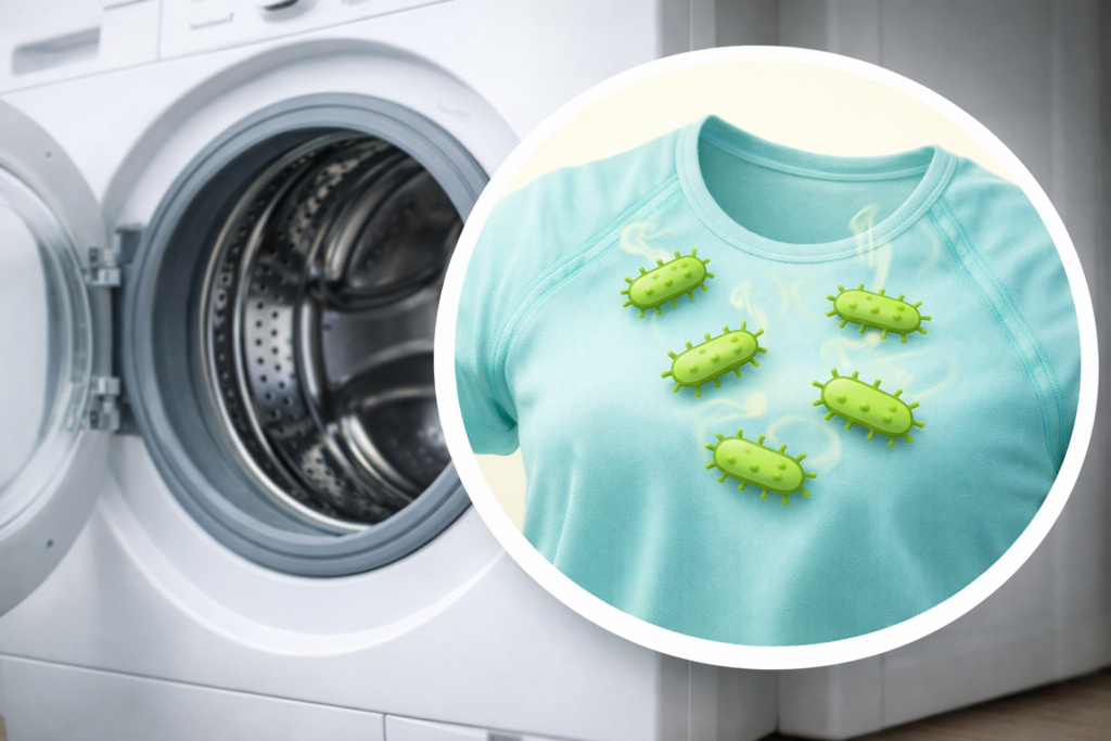 Eine geöffnete Waschmaschine und in einer Nahaufnahme ein Muffiges blaues T-Shirt mit grünen Bakterien besetzt