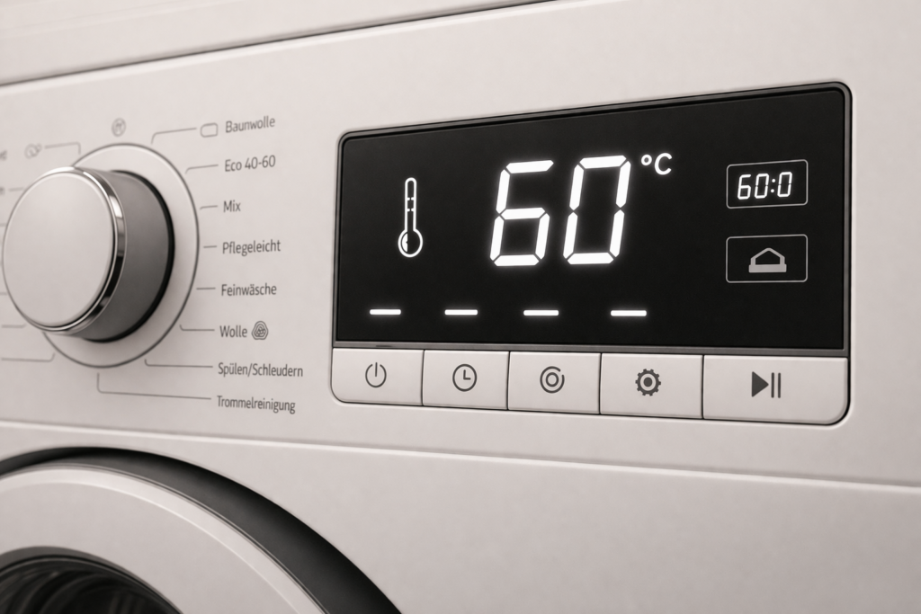 Waschmaschine mit digitaler Anzeige auf 60 Grad Celsius eingestellt