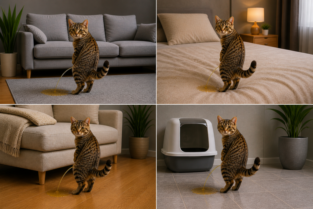 Eine getigerte Katze pinkelt überall hin, aufs Sofa, Bett, Boden und neben das Katzenklo