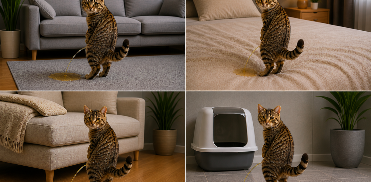 Eine getigerte Katze pinkelt überall hin, aufs Sofa, Bett, Boden und neben das Katzenklo