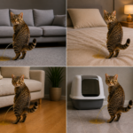 Eine getigerte Katze pinkelt überall hin, aufs Sofa, Bett, Boden und neben das Katzenklo