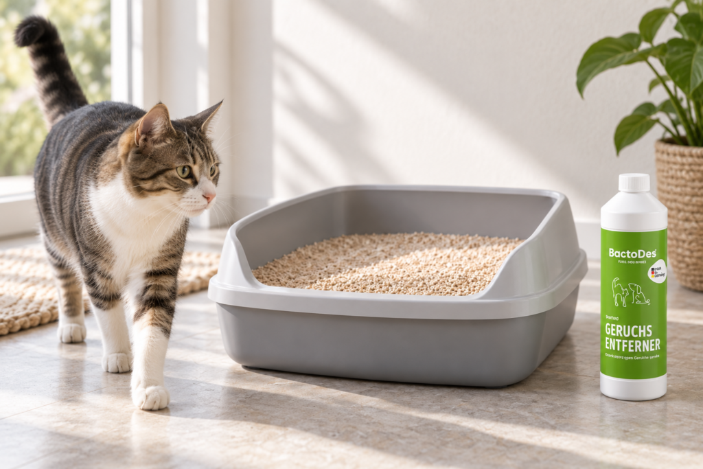 Katze läuft zufrieden an einem sauberen Katzenklo vorbei