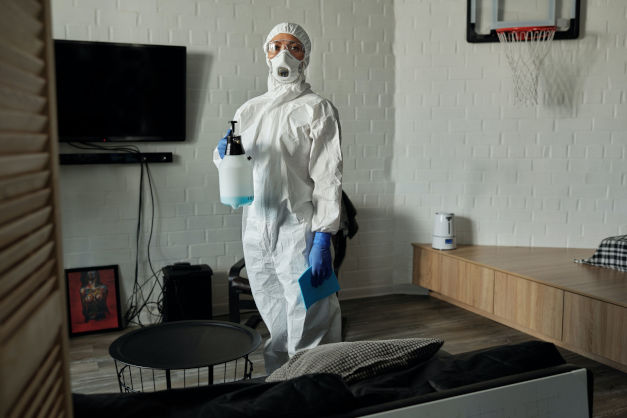 Frau mit Gasmaske und Schutzanzug Frau mit Schutzkleidung und Gasmaske steht in ihrem Wohnzimmer