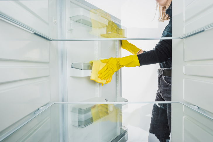 Kühlschrank wird geputzt um den Kühlschrank Geruch zu entfernen