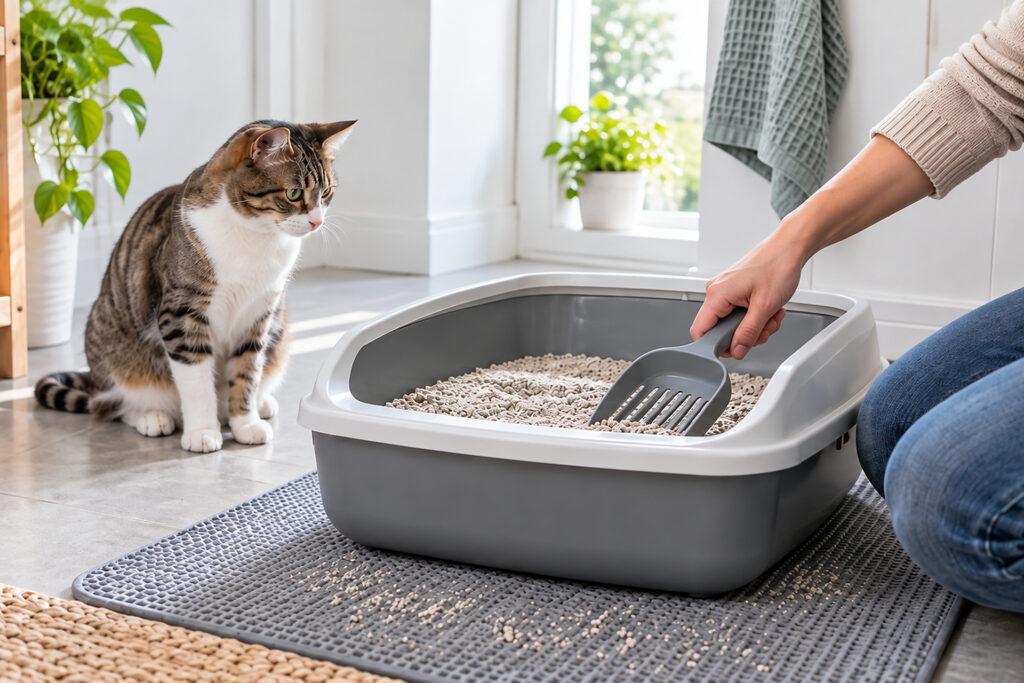 Eine Katze sitzt neben einem Katzenklo das gereinigt wird