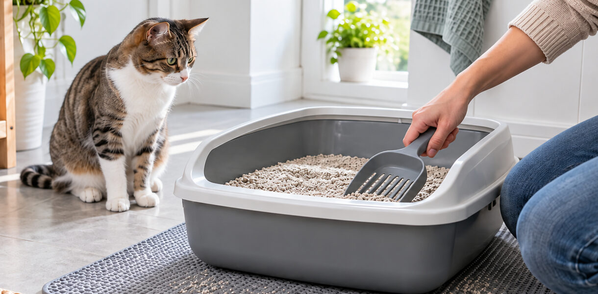 Eine Katze sitzt neben einem Katzenklo das gereinigt wird