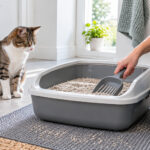 Eine Katze sitzt neben einem Katzenklo das gereinigt wird