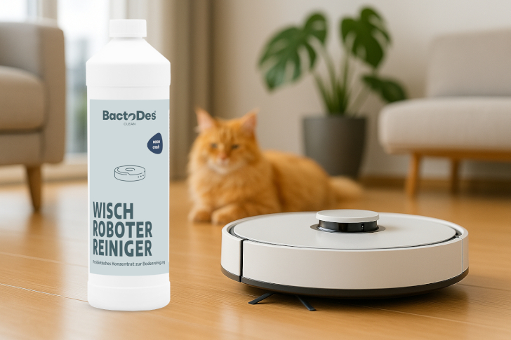 Das Reinigungsmittel für Wischroboter BactoDes Clean Wischroboterreiniger steht neben einem weißen Wischroboter und eine Katze sitzt im Hintergrund