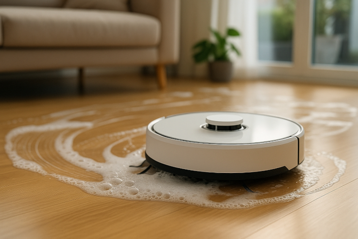 Weißer Wischroboter reinigt den Boden und hinterlässt Schaumspuren da ein ungeeignetes Reinigungsmittel für Wischroboter verwendet wird