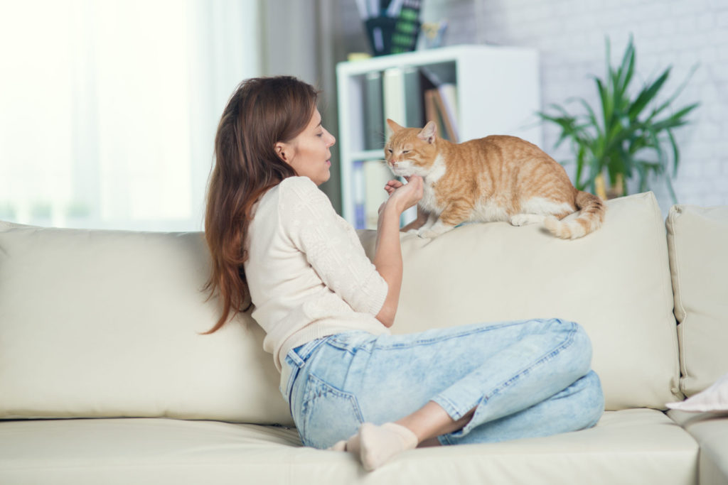 Eine Frau und ihre Katze sitzen auf der Couch