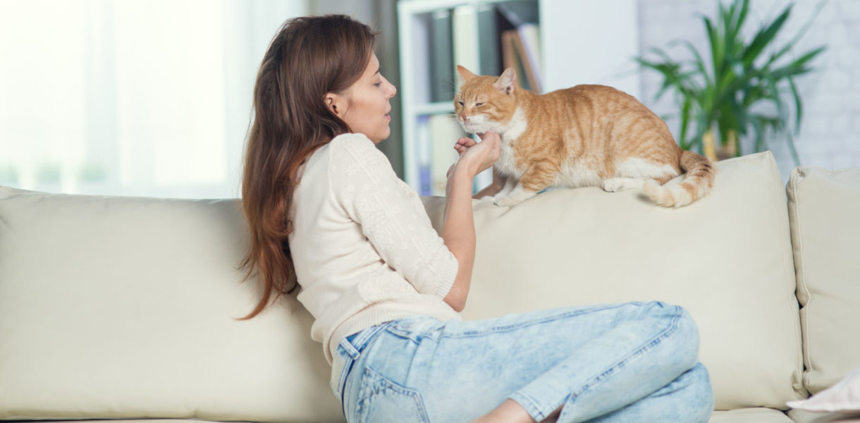 Eine Frau und ihre Katze sitzen auf der Couch