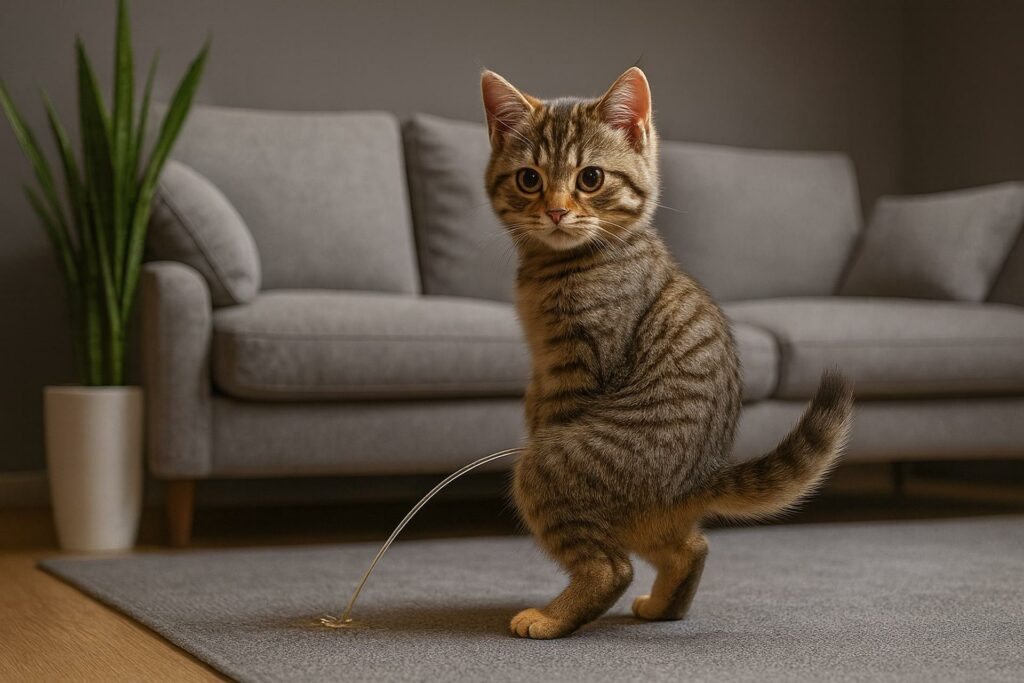 Eine Katze pinkelt im stehen auf den Teppich