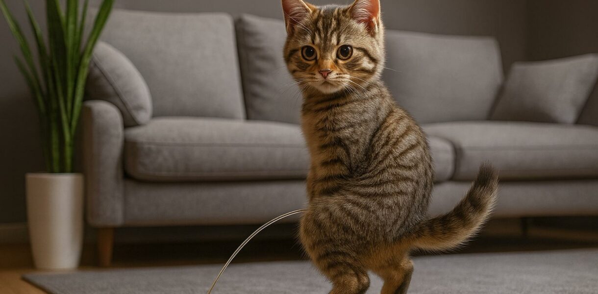 Eine Katze pinkelt im stehen auf den Teppich