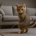 Eine Katze pinkelt im stehen auf den Teppich