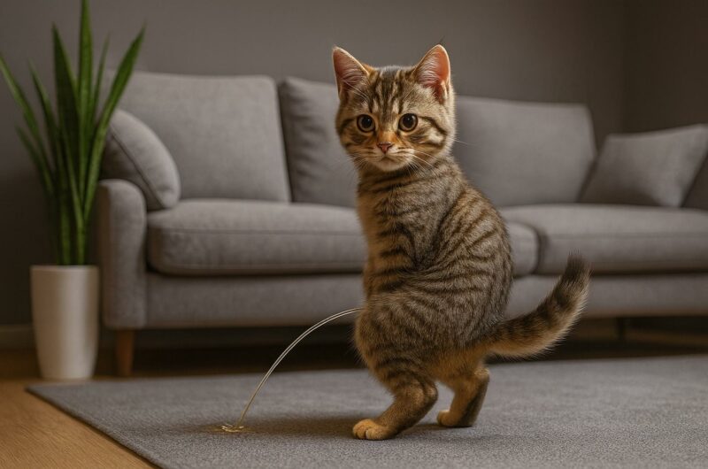 Eine Katze pinkelt im stehen auf den Teppich