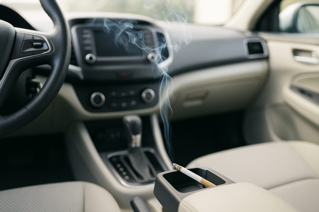 Zigarette liegt im Aschenbecher im Auto und der Rauch verteilt sich