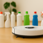 Ein weißer Wischroboter und im Hintergrund verschiedene Reinigungsmittel für Wischroboter