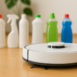 Ein weißer Wischroboter und im Hintergrund verschiedene Reinigungsmittel für Wischroboter