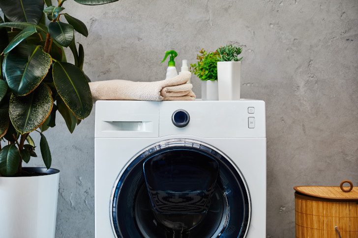 Altmodische Waschmaschine daneben steht eine Zimmerpflanze und ein Wäschekorb