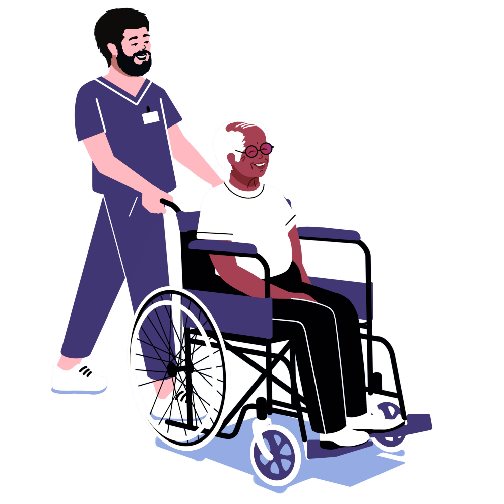 Pfleger schiebt einen Senior im Rollstuhl