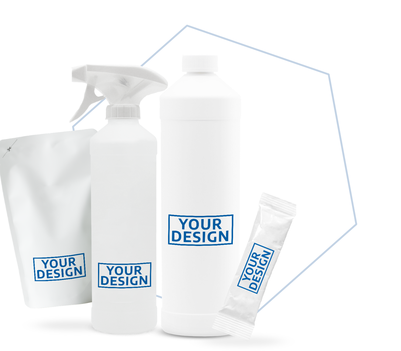 unbedruckte weiße Flaschen mit der Aufschrift "Your Design"