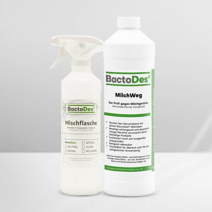 BactoDes®-MilchWeg Milchgeruch und Buttersäure Neutralisierer 1L incl. 1 Misch- Und Sprühflasche