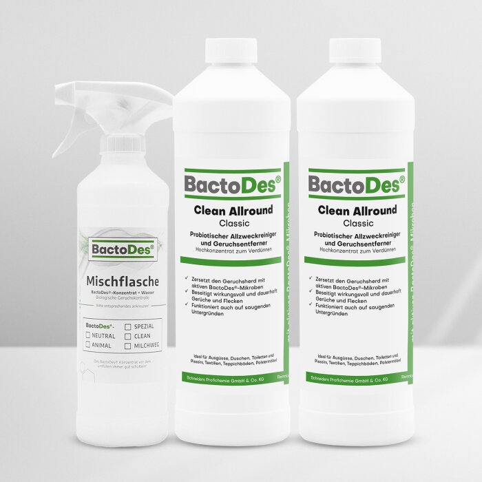 BactoDes® Clean Allround - Classic 2x1 Liter Set inkl. 1 Misch- und Sprühflasche
