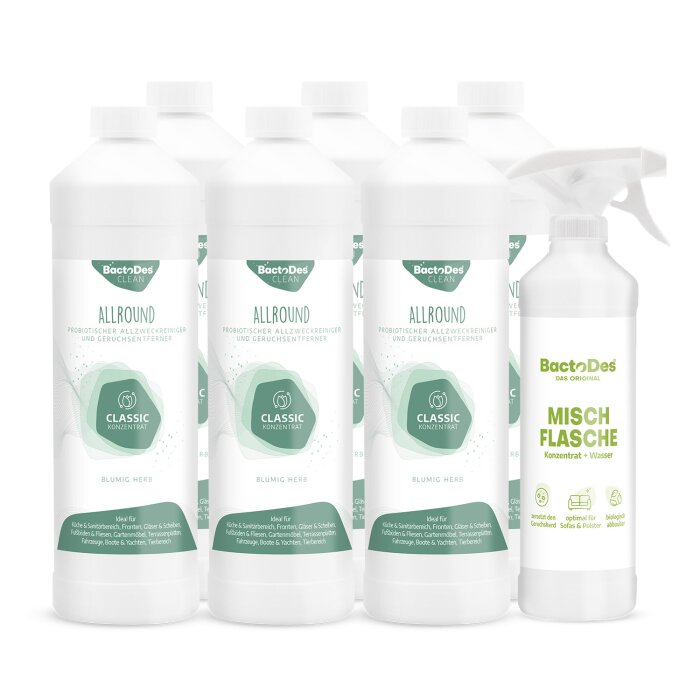 BactoDes® Clean Allround - Classic 6x1 Liter Karton inkl. 1 Misch- und Sprühflasche