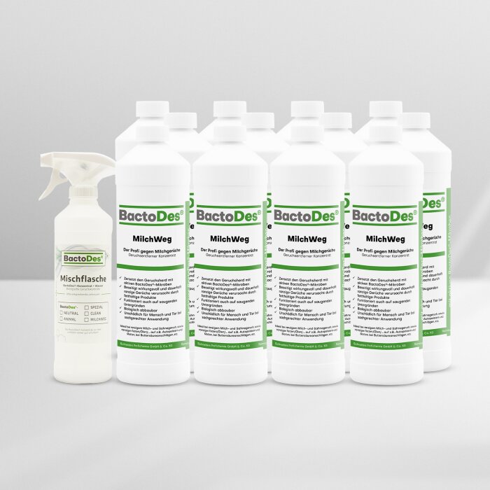 BactoDes®-MilchWeg Milchgeruch und Buttersäure Neutralisierer incl. 1 Misch- Und Sprühflasche 12 x 1 Liter Karton