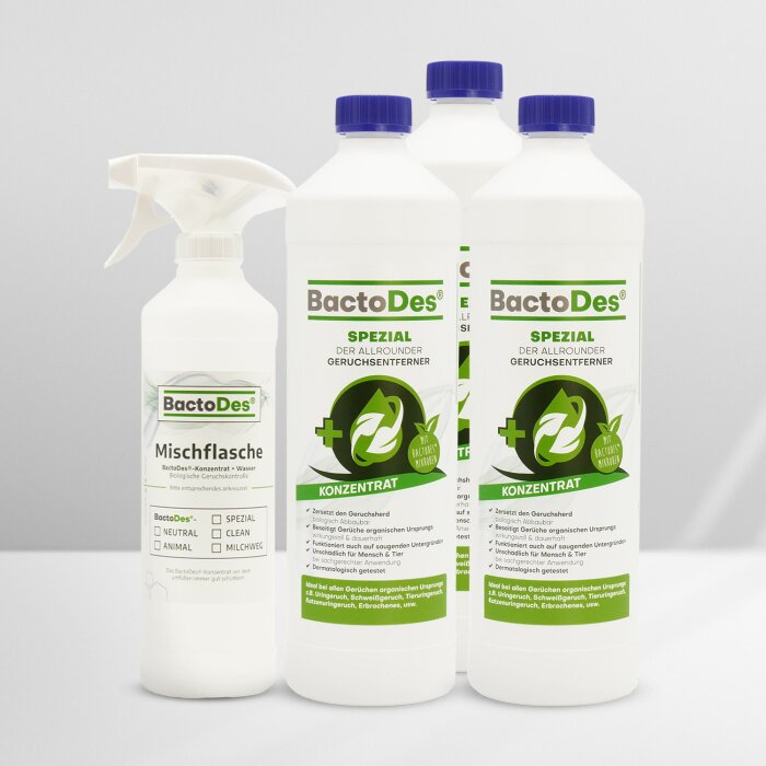 BactoDes-Spezial Geruchskiller 3x1 Liter Set inkl.1 Misch- und Sprühflasche