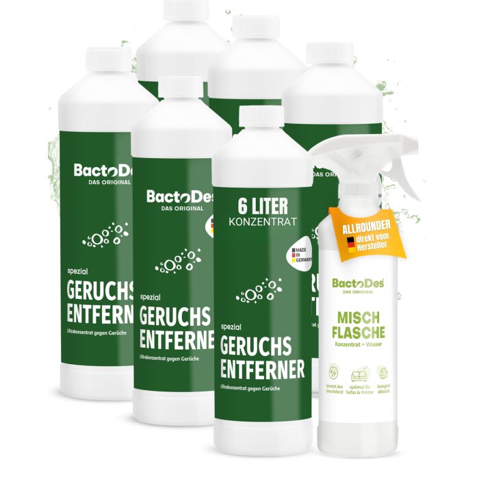 BactoDes-Spezial Geruchskiller 6x1L Karton inkl.1 Misch- und Sprühflasche