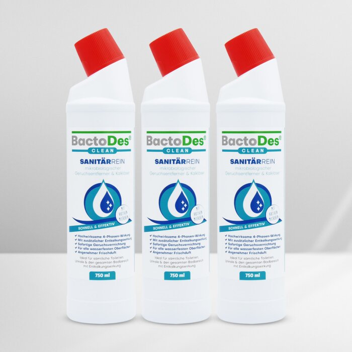BactoDes® SanitärRein - Mikrobiologischer Sanitärreiniger und Geruchsentferner 750ml Flasche 3 Flaschen