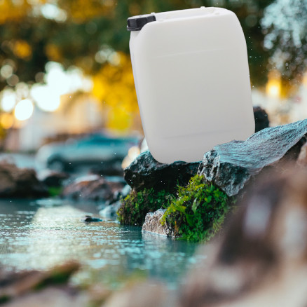 Ein Trinkwasserkanister im Bach